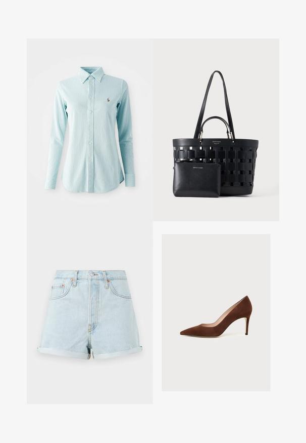 Lichtblauw gestreept overhemd met lange mouwen, voorzien van een kraag en een klein geborduurd logo op de linkerborst.; Lichtblauwe denimshorts met een hoge taille, omgeslagen zomen, koperen klinknagels en een ritssluiting aan de voorkant. Heeft een klassieke vijf-pocketstijl.; Bruine suède pumps met een spitse neus en een smalle stilettohak, in zijaanzicht op een witte achtergrond.; Zwarte geweven tote tas met dubbele handvatten en een kleine bijpassende ritszak aan de voorkant, beide gemaakt van leer.
