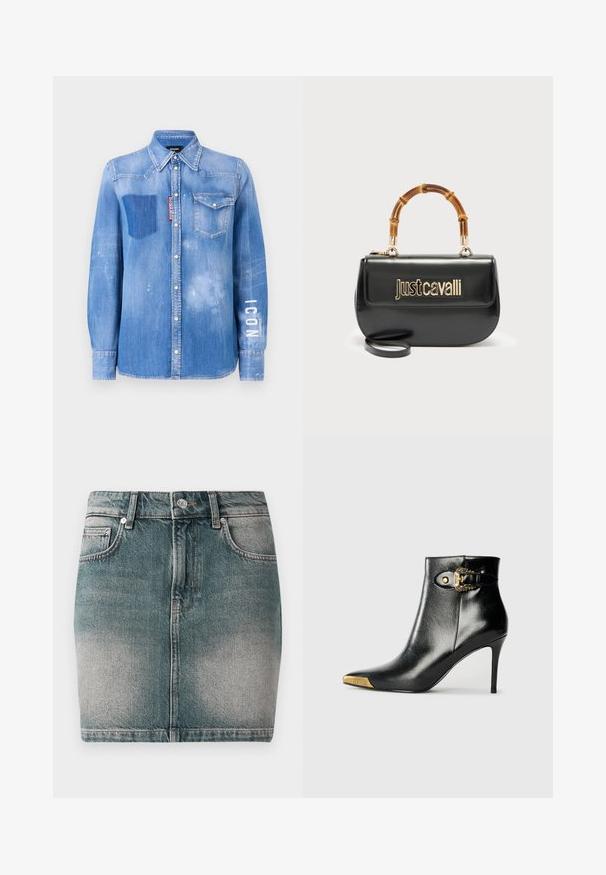 Lysblå denimskjorte med en falmet finish. Har en lomme på brystet, knapkrave og hvid tekst "ICON" på ærmet.; Blå denim mini nederdel med frontknap og lynlås, to forlommer og falmede detaljer på lårene.; Sort ankelstøvle lavet af skinnende læder med spids tå, stilet hæl og guldfarvet hardware med en dekorativ spænde-detalje.; Sort læderhåndtaske med guld "Just Cavalli"-logo foran og buet bambushåndtag, med aftagelig lang rem.