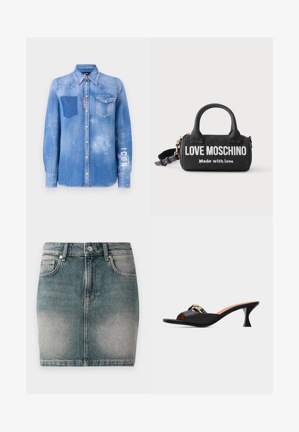 Lysblå denimskjorte med en falmet finish. Har en lomme på brystet, knapkrave og hvid tekst "ICON" på ærmet.; Blå denim mini nederdel med frontknap og lynlås, to forlommer og falmede detaljer på lårene.; Sort åben tå mule med lav kittenhæl og guldkæde-detalje på overdelen, vist fra siden mod en hvid baggrund.; Lille sort Love Moschino håndtaske med to håndtag, hvid tekst "Love Moschino Made with love," og en justerbar skulderrem.