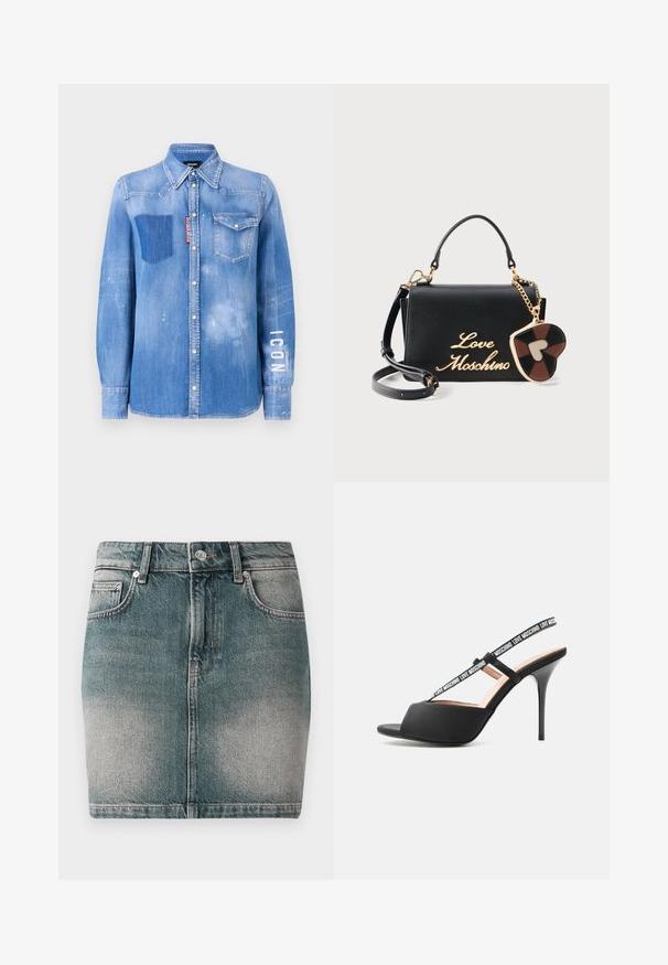 Lichtblauwe denim shirt met een vervaagde afwerking. Heeft een patchzak, een button-down kraag en witte tekst "ICON" op de mouw.; Blauwe denim mini-rok met een voorknop en rits, twee voorzakken en vervaagde details op de dijen.; Zwarte sandaal met hoge hak en open teen met dunne bandjes waarop "LOVE MOSCHINO" staat, over de voet en rond de enkel.; Black Love Moschino-handtas met gouden scriptlogo, handvat aan de bovenkant, afneembare schouderriem en een bevestigd sleutelhanger in hartvorm in bruin en zwart.