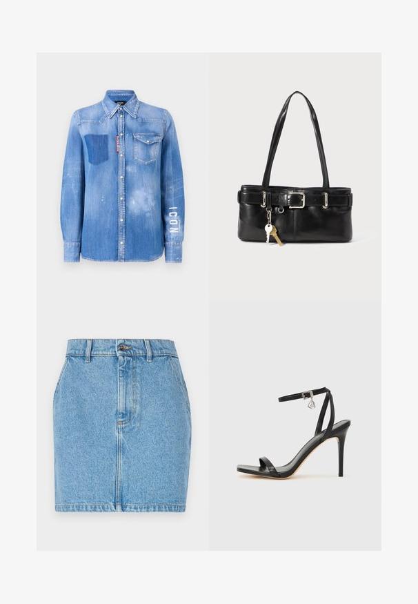 Lysblå denimskjorte med en falmet finish. Har en lomme på brystet, knapkrave og hvid tekst "ICON" på ærmet.; Denim nederdel i lys blå med tætsiddende design, fem-lomme stil og kontrastsyning. Materialet har en struktureret overflade.; Sort hæl-sandal med smal ankrem, firkantet tå-boks, glat lædermateriale og metalspænde som pynt.; Sort læder tote bag med to skulderremme, spænde detaljer og en nøglering hængende. Glat overflade, struktureret design.