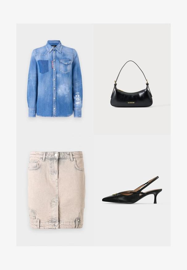 Chemise en denim bleu clair avec une finition délavée. Dotée d'une poche plaquée, d'un col à bouton et du texte blanc "ICON" sur la manche.; Mini-jupe en denim beige clair avec fermeture à boutons sur le devant, passants pour ceinture, poches en biais et détails subtilement délavés.; Chaussure slingback en cuir noir à bout pointu, petit talon kitten et détail boucle dorée à l'avant.; Sac d'épaule en cuir noir avec fermeture éclair dorée et logo "LOVE MOSCHINO" sur le devant, doté d'une poignée supérieure incurvée.