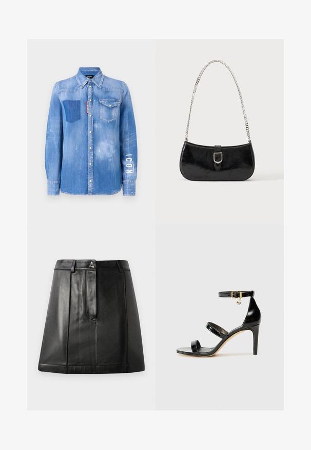 Chemise en denim bleu clair avec une finition délavée. Dotée d'une poche plaquée, d'un col à bouton et du texte blanc "ICON" sur la manche.; Jupe en cuir noir avec une forme structurée, dotée d'une poche avant et d'un accent métallique à la taille. Texture lisse et détails de couture.; Sandale en cuir verni noir avec trois brides, boucle de cheville et talon aiguille de 10 cm. Présente un détail en métal doré et un charm logo.; Sac à épaule en cuir verni noir avec détail de boucle argentée et bandoulière en chaîne argentée, présenté sur un fond uni clair.