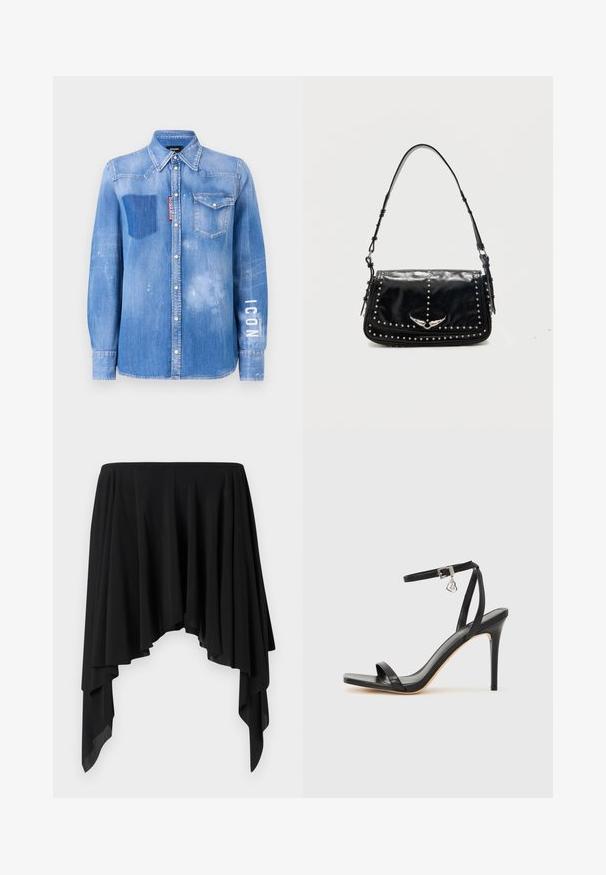 Lichtblauwe denim shirt met een vervaagde afwerking. Heeft een patchzak, een button-down kraag en witte tekst "ICON" op de mouw.; Zwarte asymmetrische rok van zachte stof, met gedrapeerde lagen en een brede tailleband, die een vloeiende silhoutte creëert.; Zwarte sandaal met hoge hak, smalle enkelband, vierkante neus, soepel leermateriaal en metalen gespsluiting.; Zwarte leren schoudertas met zilverkleurige studs en een metalen vleugel-embleem op de voorklep tegen een effen achtergrond.