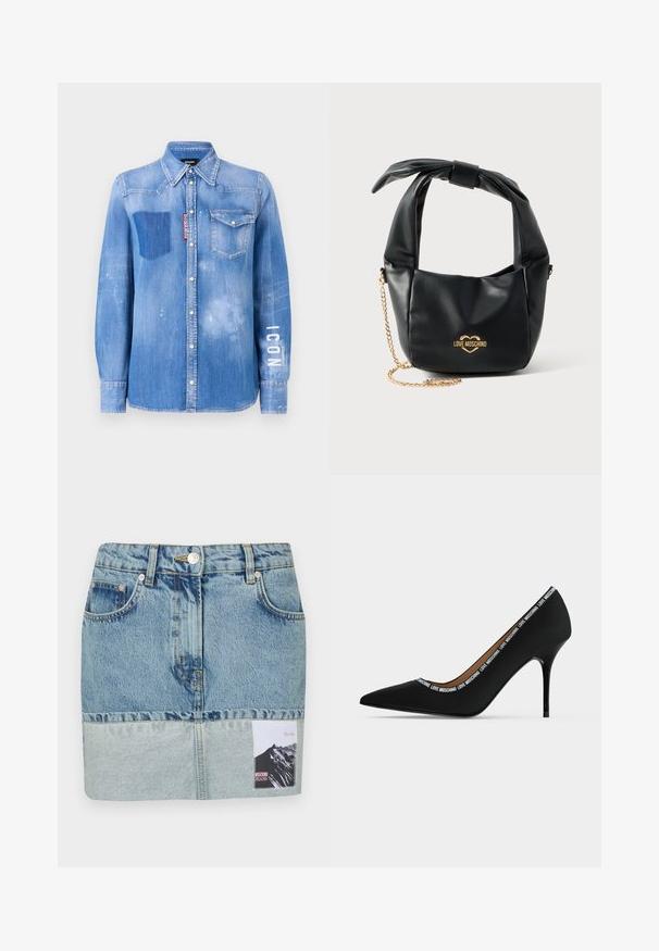 Lysblå denimskjorte med en falmet finish. Har en lomme på brystet, knapkrave og hvid tekst "ICON" på ærmet.; Denim mini skirt med en gradient blå farveskala, fem-lomme design, sølv hardware og et trykt mærke med et bjerggrafik.; Sort spids højhælet sko med stiletthæl og "LOVE MOSCHINO" tekstkant langs åbningens kant, sidevisning på hvid baggrund.; Sort blød læder Love Moschino håndtaske med knyttet håndtag og guldkæde-strop på hvid baggrund.