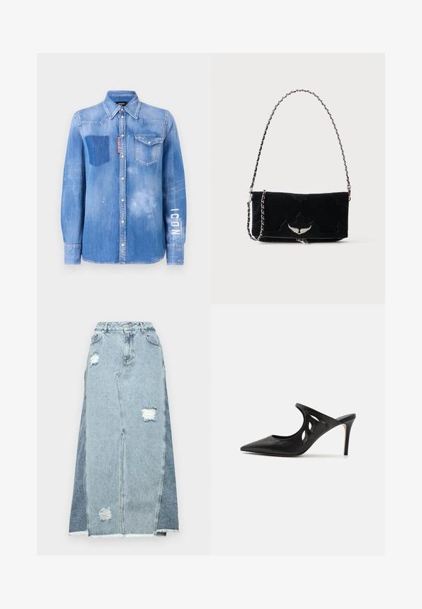 Lysblå denimskjorte med en falmet finish. Har en lomme på brystet, knapkrave og hvid tekst "ICON" på ærmet.; Denimnederdel med en blanding af lyse og mørke blå stoffer, slidte lapper, høj talje og en frynset kant.; Sorte læder højhælede mules med spids tå, udskåret sideskærm og glat tekstur. Stiletthæl og subtil syning.; Sort rektangulær håndtaske med sølvvingeemblem foran og sølvkædestrop mod ensfarvet baggrund.