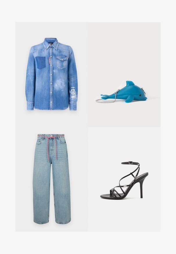 Lichtblauwe denim shirt met een vervaagde afwerking. Heeft een patchzak, een button-down kraag en witte tekst "ICON" op de mouw.; Lichtblauwe denim brede pijpen jeans met een hoge taille, voorzien van een roze geweven trekkoord en vijf zakken. Authentieke vervaagde textuur.; Zwarte hoge hakken sandaal met dunne banden, een enkelgesp, een gladleren oppervlak en een slanke stilettohak.; Blauwe portemonnee in dolfijnvorm met een zilveren kettingriem liggend op een witte ondergrond, met een klein zwart oogdetail en merknaam op de vin.