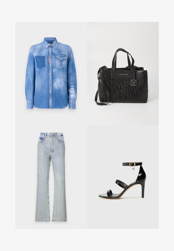Lysblå denimskjorte med en falmet finish. Har en lomme på brystet, knapkrave og hvid tekst "ICON" på ærmet.; Lysblå denim flared jeans med et rutenetmønster af sølvdekorationer, høj talje og frynset kant.; Sorte patenterede lædersandaler med tre stropper, ankelspænde og 10 cm stiletthæl. Har detaljer i guld og et logo charms.; Sort læderhandbag med et præget logomønster, to topbærerhåndtag og en justerbar skulderrem med en metallisk charm.