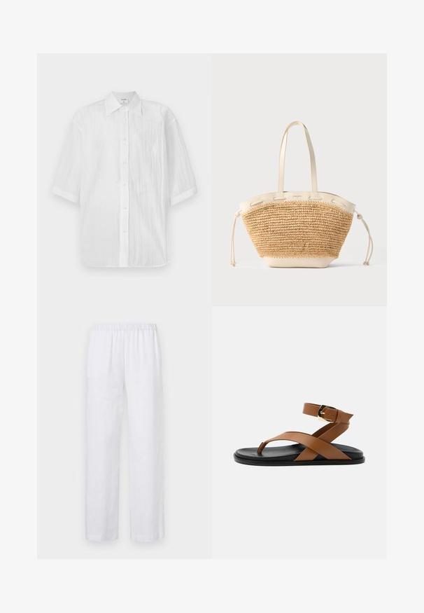 Valkoinen lyhythihainen napitettu paita, kevyt teksturoidusta kankaasta, jossa on kaulus ja suora helma, brändin nimi tarralla.; ASPESI PANTALONE - Housut - white; Musta pohjallinen tasainen sandaali, ruskea nahkainen varvassilmukka, ristiin menevät remmit, nilkkaremmi ja kullanvärinen solki neutraalilla taustalla.; Beigen värinen punottu olkilaukku, jossa on kermaiset nahkahihnat, koristereunat ja nyörisivut vaaleanharmaalla taustalla.