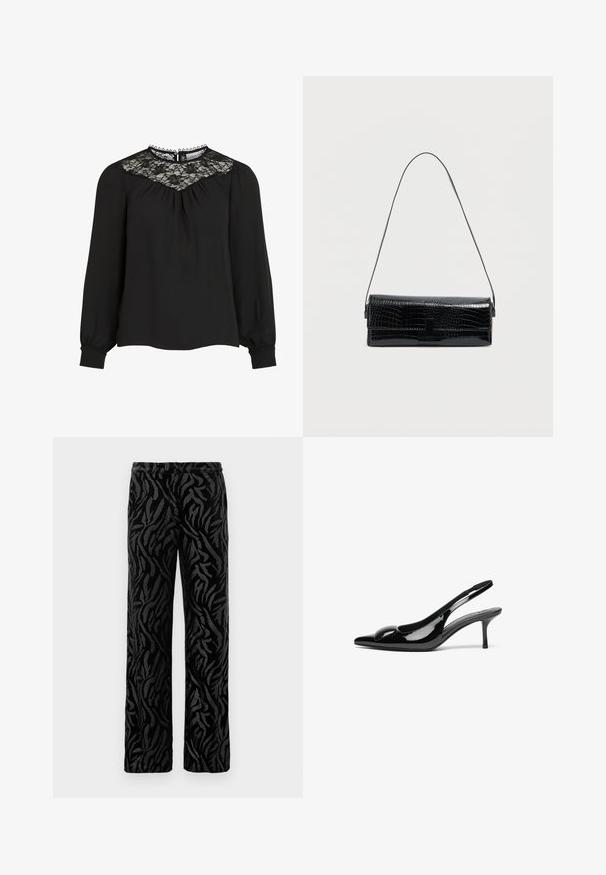 Blusa negra de manga larga con yugo de encaje, frente plisado y puños elásticos. Cuello con detalles de bordes ondulados. Textura de tejido suave.; Pantalones negros con un patrón texturizado y en espiral. Fabricados con un material suave, tienen un corte de pierna recta y una cinturilla elástica para mayor comodidad.; Tacones slingback de charol negro con punta afilada y acabado brillante. Presentan un tacón delgado y un acento redondeado en el empeine.; Bolso de hombro de cuero sintético negro con textura de cocodrilo, forma rectangular, textura brillante, con una correa delgada ajustable y cierre de solapa frontal.