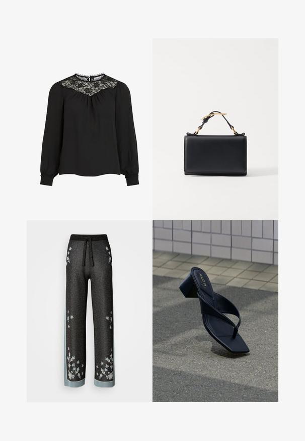 Blusa negra de manga larga con yugo de encaje, frente plisado y puños elásticos. Cuello con detalles de bordes ondulados. Textura de tejido suave.; Pantalones de pierna ancha negros con una textura brillante, que cuentan con bordados florales en azul claro. Cintura con cordón y rayas laterales en contraste.; Sandalia negra de tacón con punta cuadrada y tiras anchas, exhibida contra una pared de azulejos y una superficie de suelo texturizada.; Bolso de mano de cuero negro con forma rectangular, que cuenta con un asa superior y acentos en hardware dorado. Textura suave, diseño minimalista.