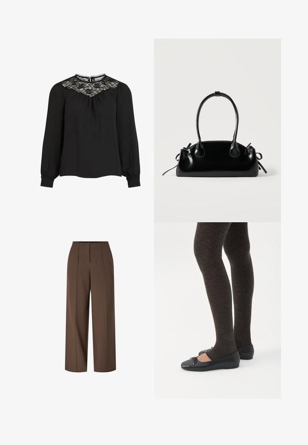 Sorte langærmede bluse med blonder i yoke, plisseret front og elastiske manchetter. Detaljeret halsudskæring med takkede kanter. Glat tekstur.; Brune højtaljede vide bukser med frontfaltet og en skjult lynlås lukning foran.; Ben iført mørke ribbede leggings kombineret med sorte balletsko med små sløjfedetaljer på hvid baggrund.; Lille sort blank håndtaske med to lange håndtag og snøre-detaljer i siden på en ensfarvet lys baggrund.