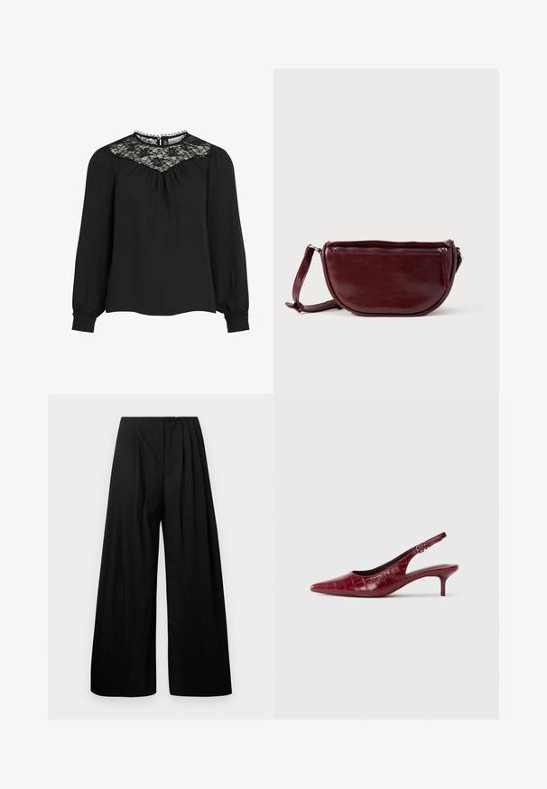 Blusa negra de manga larga con yugo de encaje, frente plisado y puños elásticos. Cuello con detalles de bordes ondulados. Textura de tejido suave.; Pantalones de pierna ancha negros con cintura alta, que cuentan con pliegues verticales y cierre de botón. Textura suave, diseño minimalista.; Zapato de tacón tipo slingback de cuero burdeos con textura de cocodrilo, punta afilada, correa ajustable con hebilla y tacón bajo tipo kitten sobre un fondo blanco.; Bolso de mano de cuero granate con forma de media luna, cierre de cremallera y una correa desmontable. Textura suave con un brillo sutil.