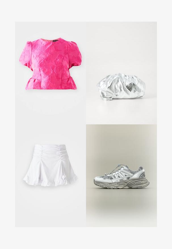 Lyserød tekstureret bluse med korte puffærmer, en peplum-talje og en rund udskæring. Har et broderet mønster og en lynlås i ryggen.; Hvid nederdel lavet af tekstureret stof med rynkedetaljer og bølger. Har en udvidet design med en tætsiddende talje.; Hvid og grå atletiksneaker med blomsterprint, tyk tekstureret sål og elastisk snørelukning med lås på neutral baggrund.; Metallisk sølv clutch taske med en blød, samlet krop og en tynd skulderrem. Har en glat, skinnende overflade og rund form.