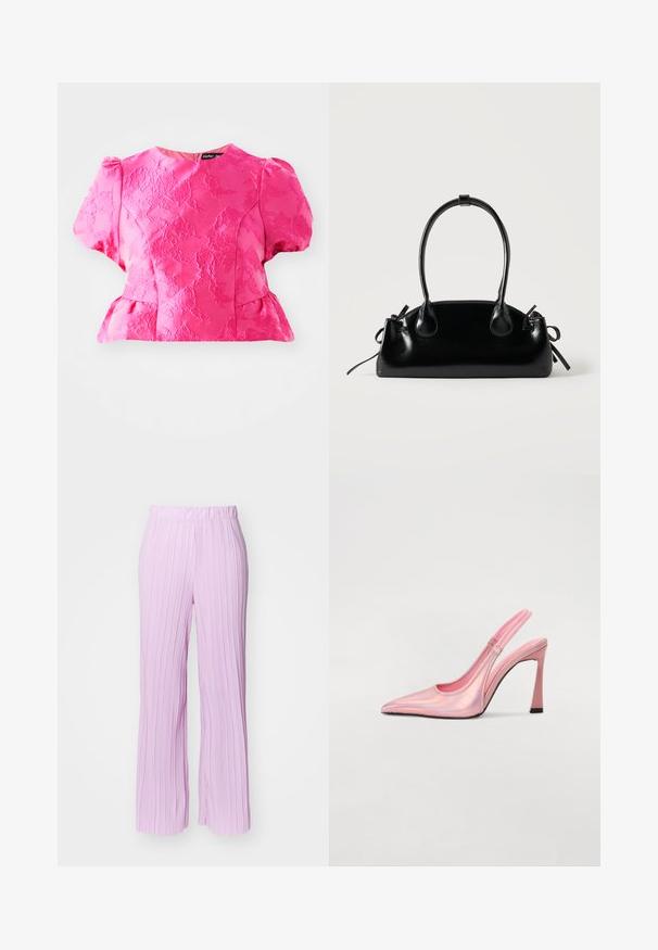 Lyserød tekstureret bluse med korte puffærmer, en peplum-talje og en rund udskæring. Har et broderet mønster og en lynlås i ryggen.; Lyserøde, plisserede bukser med bred ben-design og elastisk talje, der har en vertikal tekstur og en glat finish.; Rosa slingback pumpe lavet af iriserende materiale med spids tå, slank hæl og elastisk rem for pasform. Glat tekstur med blank finish.; Lille sort blank håndtaske med to lange håndtag og snøre-detaljer i siden på en ensfarvet lys baggrund.
