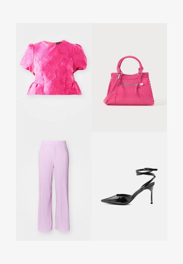 Blouse rose texturée avec de courtes manches bouffantes, une taille peplum et un col rond. Elle présente un motif brodé et une fermeture éclair dans le dos.; Pantalons plissés de couleur rose clair avec une coupe évasée et une taille élastique, présentant une texture verticale et une finition lisse.; Escarpin à talon aiguille en cuir verni noir, bout pointu, fines lanières à la cheville et petite boucle.; Sac à main en cuir rose avec deux poignées, laçage décoratif sur les côtés et une poche zippée à l'avant. Texture lisse, forme structurée.