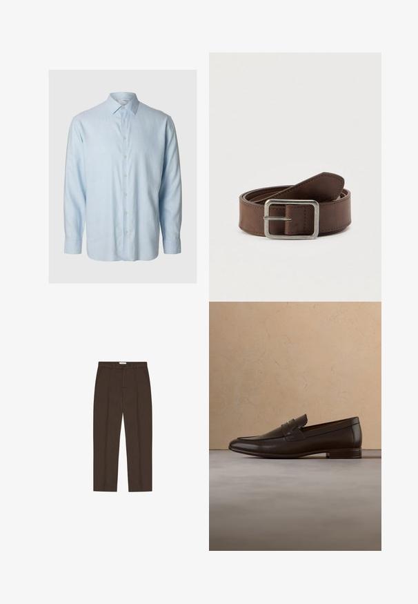 Helles blaugraues Langarmshirt aus weichem Stoff, mit klassischem Kragen und knöpfbarem Vorderteil mit sechs passenden Knöpfen.; Braune, maßgeschneiderte Hose mit geradem Bein, Gürtelschlaufen, Vorderentaschen, Knopf- und Reißverschluss vorne.; Dunkelbrauner Lederloafer schwebt über einem beigen Teppich mit einem gebogenen, beigen Sofa im Hintergrund.; Brauner Ledergürtel mit silberner rechteckiger Schnalle, mit glatter Textur und genähten Kanten, entworfen für legere oder formelle Kleidung.