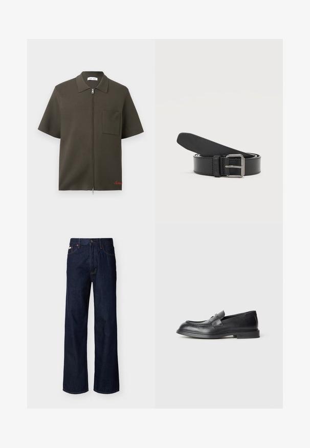 Chemise zippée manches courtes en olive foncé avec une poche poitrine et un col, ornée d'une broderie rouge près de l'ourlet.; Jean droit en denim bleu foncé avec design à cinq poches et fermeture par boutons, présenté sur un fond clair uni.; Mocassins en cuir noir avec une finition texturée, dotés d'une bride décorative à l'avant et d'un bout arrondi. Semelle en caoutchouc pour plus de durabilité.; Ceinture en cuir noire enroulée avec une boucle rectangulaire en métal argenté sur un fond clair uni.