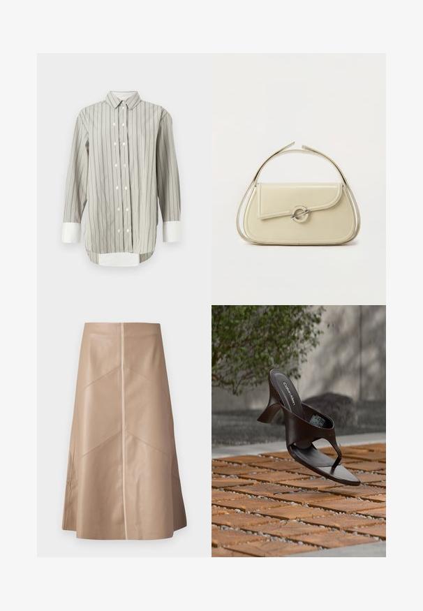 Stribet skjorte i grå og hvid, med klassisk krave, knaplukning med hvide knapper og kontrasterende hvide manchetter. Lange ærmer.; Beige faux læder A-line nederdel med diskrete paneldetaljer og en glat mat overflade, knælang og højliv.; Brun Calvin Klein hælet thong sandal svævende over træflise og grus udendørs med sløret grønt og stenmur i baggrunden.; Cremefarvet læderhåndtaske med buet klap, cirkulært sølvspænde og kort topstrop på en ens hvid baggrund.