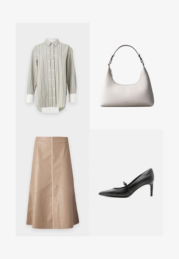 Stribet skjorte i grå og hvid, med klassisk krave, knaplukning med hvide knapper og kontrasterende hvide manchetter. Lange ærmer.; Beige faux læder A-line nederdel med diskrete paneldetaljer og en glat mat overflade, knælang og højliv.; Sort læderspids højhælede sko med tynd rem og spænde over vristen, stående på en neutral lys baggrund.; Cremefarvet skuldertaske i læder fra Calvin Klein med buet topkant, sølvfarvet lynlås og mørkebrun justerbar rem.