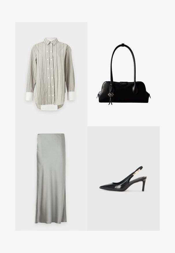 Stribet skjorte i grå og hvid, med klassisk krave, knaplukning med hvide knapper og kontrasterende hvide manchetter. Lange ærmer.; Lys grå, satin maxi-nederdel med en glat tekstur og sideslids, designet med en lige skæring for en flydende silhuet.; Sort læder slingback højhælede sko med spidse tæer, glat overflade og en smal ankelrem med guldfarvede hardware detaljer.; Sort lædertaske fra Calvin Klein med lange håndtag, en forside-logo-tag og en sølv geometrisk vedhæng, der hænger fra det ene håndtag.