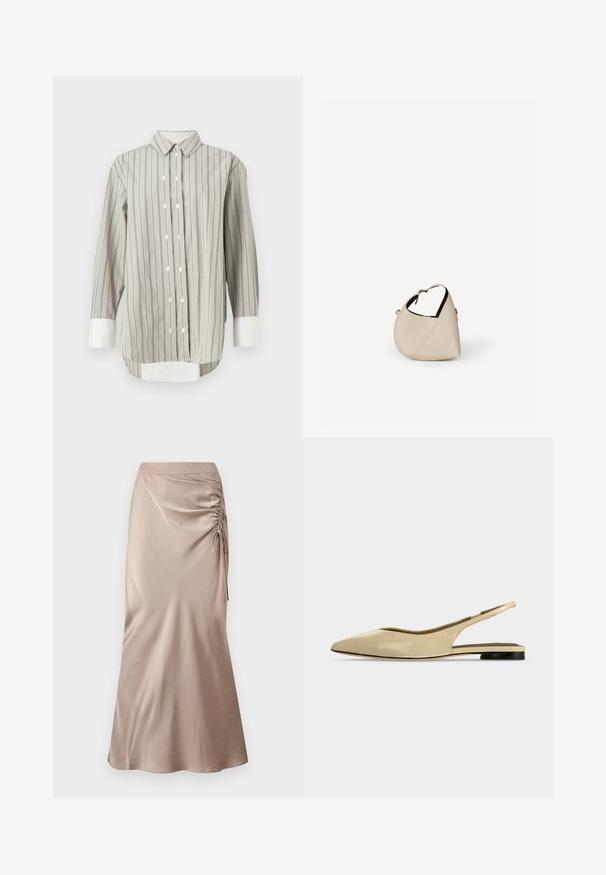 Stribet skjorte i grå og hvid, med klassisk krave, knaplukning med hvide knapper og kontrasterende hvide manchetter. Lange ærmer.; Satin midi nederdel i en afdæmpet beige farve med rynket detalje i siden og en lige silhouet med en let udvidelse ved kanten.; Beige spids tå slingback flad sko med lav sort hæl og en glat læderfinish, vist fra siden på en ensfarvet baggrund.; Beige læder håndtaske i halvmåneform med en enkelt skulderrem og minimal syning, sat mod en ensartet hvid baggrund.