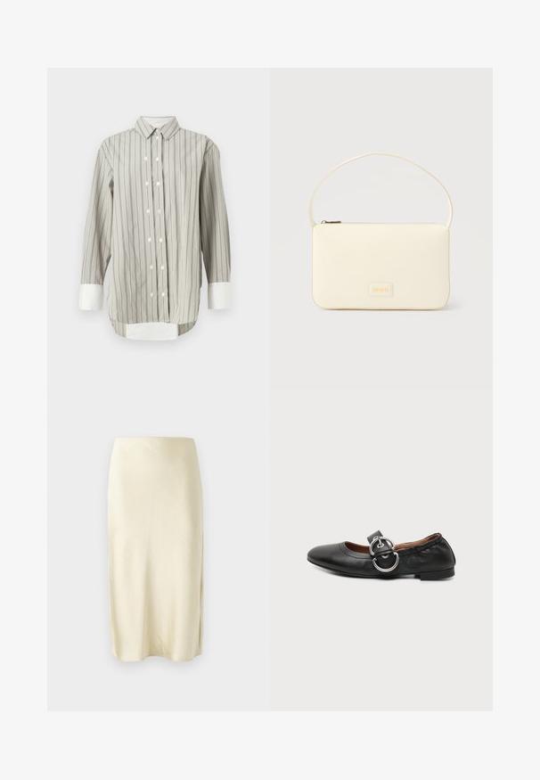Gestreepte blouse in grijs en wit, met een klassieke kraag, knoopsluiting met witte knopen en contrasterende witte manchetten. Lange mouwen.; Satin midi rok in bleekgeel met een gladde textuur, met een split aan de zijkant en een rechte snit. Eenvoudige en elegante silhouet.; Zwarte leren platte schoen met een afgeronde neus en een grote zilveren dubbele ringgesp over de bovenkant.; Roomkleurige rechthoekige handtas met een enkele draagband en een ritssluiting aan de bovenkant, met een klein ingegraveerd logoplacaat op de voorkant.