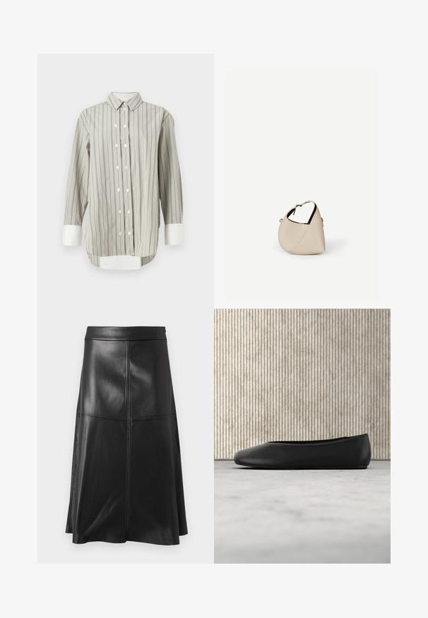 Camisa a rayas en gris y blanco, con un cuello clásico, cierre de botones con botones blancos, y puños en blanco contrastante. Mangas largas.; Falda negra de cuero tipo A con una textura suave, que presenta detalles de costura vertical y una cinturilla. El dobladillo cae justo por debajo de la rodilla.; Bailarinas de cuero negro con punta redondeada, textura suave y un acento de logo dorado en el costado. Posicionadas sobre una superficie reflectante.; Bolso de cuero beige en forma de media luna con una sola correa para el hombro y costuras mínimas, colocado sobre un fondo blanco liso.