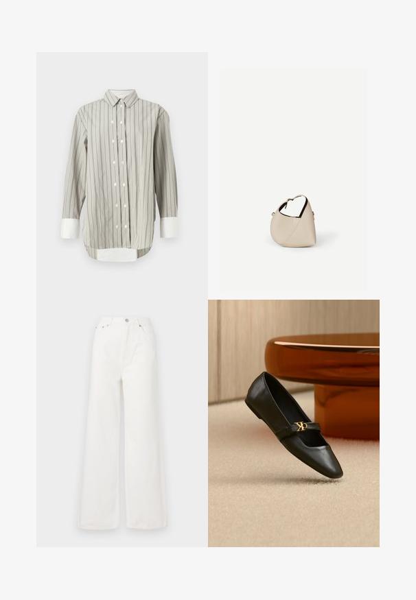 Camisa a rayas en gris y blanco, con un cuello clásico, cierre de botones con botones blancos, y puños en blanco contrastante. Mangas largas.; Jeans de mezclilla de cintura alta y pierna ancha en color blanco. Cuenta con bolsillos delanteros, un cierre de botón y detalles de dobladillo deshilachado.; Zapato plano de cuero negro con puntera puntiaguda y logo dorado de CK en la correa, colocado sobre una alfombra beige cerca de una mesa redonda marrón ámbar.; Bolso de cuero beige en forma de media luna con una sola correa para el hombro y costuras mínimas, colocado sobre un fondo blanco liso.