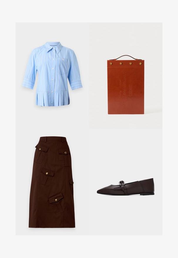Light blue button-up shirt with white vertical stripes, three-quarter sleeves, pointed collar, chest pocket, and pleated hem.; Brown knee-length skirt made of cotton with multiple flap pockets featuring gold buttons and a fitted waistband. Smooth texture.; Dark brown pointed-toe flat shoe with low heel and a decorative ankle strap featuring a silver buckle on a plain background.; Brown leather document holder with a flat rectangular shape, embossed text, a top handle, and gold hardware accents.