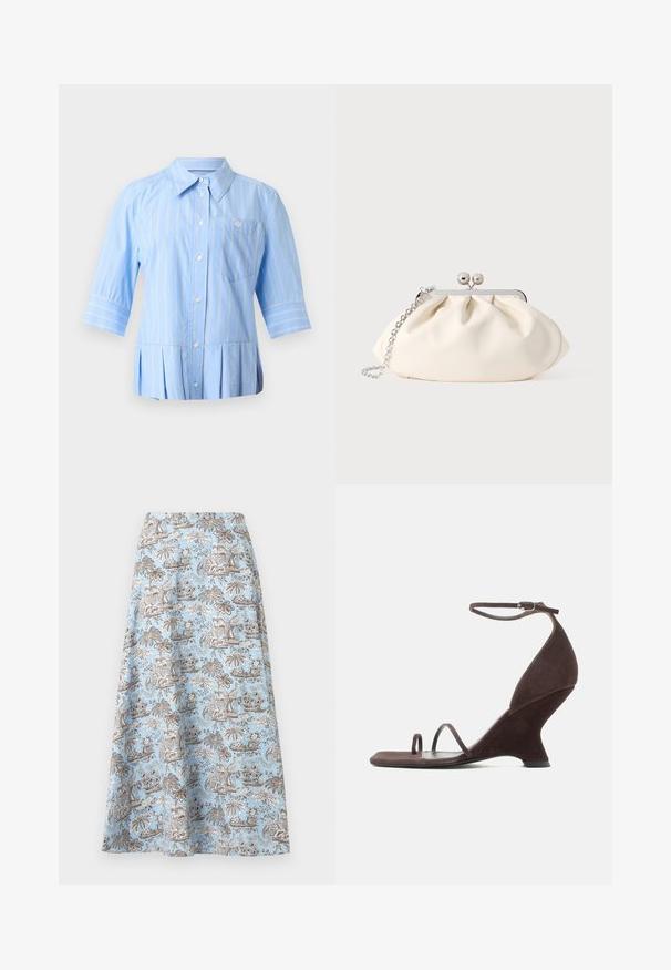 Chemise bleu clair boutonnée avec rayures verticales blanches, manches trois-quarts, col pointu, poche poitrine et ourlet plissé.; Jupe trapèze bleu clair avec imprimé tropical de palmiers et de fleurs marron et blanc, longueur genou, avec une ceinture lisse.; Sandale à talon haut en daim marron foncé avec talon compensé sculpté, bride de cheville avec boucle et deux fines lanières au niveau des orteils sur une semelle plate.; Pochette en tissu crème avec un design froncé, cadre en métal argenté, deux boules décoratives, et une bandoulière chaîne argentée.