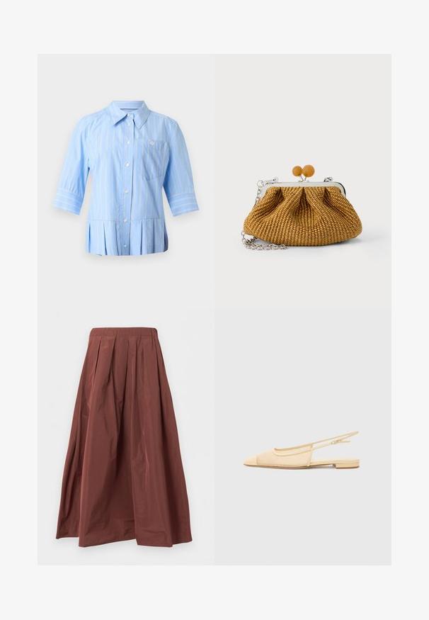Chemise bleu clair boutonnée avec rayures verticales blanches, manches trois-quarts, col pointu, poche poitrine et ourlet plissé.; Jupe longue plissée marron taille haute avec ourlet large, fabriquée en tissu léger, présentée sur un fond blanc uni.; Chaussure plate slingback en beige clair avec une tige en maille, un bout pointu et un petit talon. Dotée d'une sangle ajustable pour un bon maintien.; Petite pochette tissée marron avec cadre métallique argenté, deux fermoirs ronds en bois, et une courte chaîne argentée sur fond blanc.