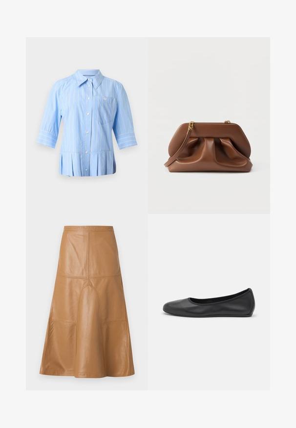 Chemise bleu clair boutonnée avec rayures verticales blanches, manches trois-quarts, col pointu, poche poitrine et ourlet plissé.; Jupe midi ligne A en simili cuir marron avec des détails de coutures visibles et un léger évasement à l'ourlet, présentée sur un fond uni.; Ballerines en cuir noir avec un bout rond, texture lisse, détails de couture minimalistes et design de semelle flexible.; Pochette en cuir marron avec design froncé, quincaillerie dorée et bracelet amovible, sur fond blanc.