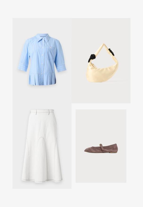 Chemise bleu clair boutonnée avec rayures verticales blanches, manches trois-quarts, col pointu, poche poitrine et ourlet plissé.; Jupe évasée blanche en denim, avec une taille haute, des coutures contrastantes et des détails de coutures courbes. Texture lisse, longueur jusqu'aux genoux.; Paire de ballerines Mary Jane en daim mauve à bouts pointus, petits talons et fines brides fermées par de petites boucles dorées, sur fond blanc.; Sac épaule en satin couleur crème avec deux nœuds tressés noirs sur la sangle et une fermeture éclair visible.