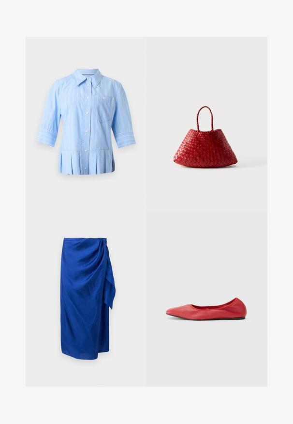 Light blue button-up shirt with white vertical stripes, three-quarter sleeves, pointed collar, chest pocket, and pleated hem.; Blue midi skirt with a draped side tie detail and smooth, flowing fabric displayed against a plain background.; Filippa K REY FLATS - Ballet pumps - bright red; Red woven leather handbag with a rounded, triangular shape and two braided handles on a white background.