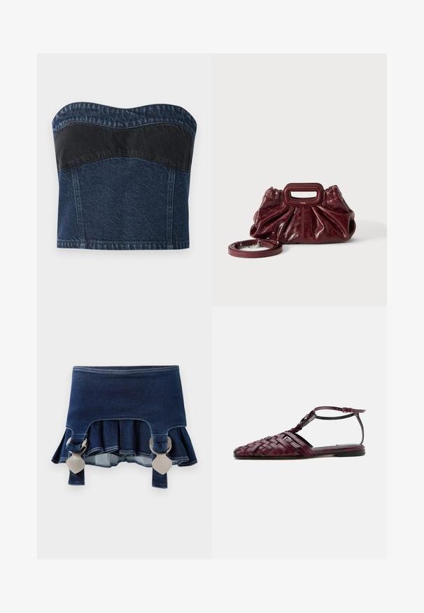 Denim strapless top met een donkerblauw ontwerp en een zwarte paneel over het bovenste gedeelte, een gladde textuur en een gebogen halslijn.; Jeansrok met een uitlopende onderkant. Voorzien van twee verstelbare grijze sluitingen, donkerblauwe kleur en contrasterende stiksels langs de zoom.; Bordeauxrode platte sandaal met geweven leren ontwerp, puntige neus en enkelriem met gespsluiting op een witte achtergrond.; Kleine donkerrode leren handtas met geplooide textuur, rechthoekig handvat met uitsparing en afneembare schouderriem tegen een witte achtergrond.