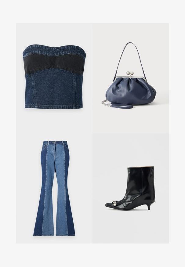 Denim strapless top met een donkerblauw ontwerp en een zwarte paneel over het bovenste gedeelte, een gladde textuur en een gebogen halslijn.; Uitlopende jeans met een tweekleurig ontwerp van donker en lichtblauw denim, een sluiting met een frontknop en klassieke zakstijl.; Zwarte leren enkellaars met een spits toelopende neus, lage kittenhak en een decoratieve zilveren gesp aan de zijkant bij de neus.; Zachte navyblauwe leren handtas met zilveren sluiting, enkele schouderband en afneembare ketting polsband op witte achtergrond.