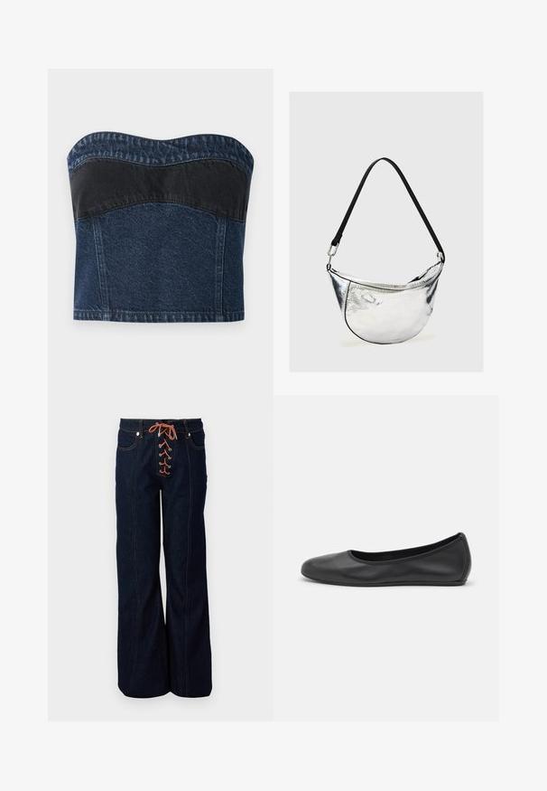 Denim strapless top met een donkerblauw ontwerp en een zwarte paneel over het bovenste gedeelte, een gladde textuur en een gebogen halslijn.; Donkerblauwe denim hoge taillebroek met een uitlopende pijp, voorzien van een decoratieve vetersluiting aan de voorkant, oranje veters en contrasterende stiksels.; Zwarte leren ballerina met een ronde neus, gladde textuur, minimale stikdetails en een flexibele zoolontwerp.; Zilverkleurige metalen schoudertas in halve maan vorm met zwarte verstelbare riem en ritssluiting op effen lichte achtergrond.