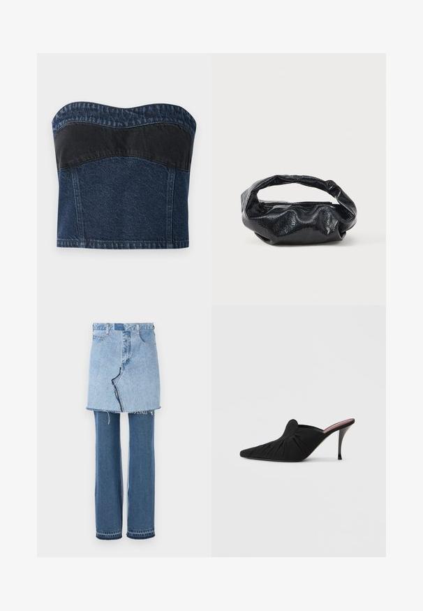 Haut sans bretelles en denim avec un design bleu foncé et un panneau noir sur la partie supérieure, texture lisse et décolleté arrondi.; Vêtements en denim combinant une mini-jupe bleu clair en haut et un jean évasé bleu foncé en bas ; présente un ourlet effiloché et une texture denim classique.; Mule noir à talon haut avec bout pointu, tissu doux à texture froncée sur le devant et talon aiguille fin.; Sac noir en matériau texturé et brillant avec une poignée circulaire torsadée et une fermeture éclair. Présente un design doux et froissé.