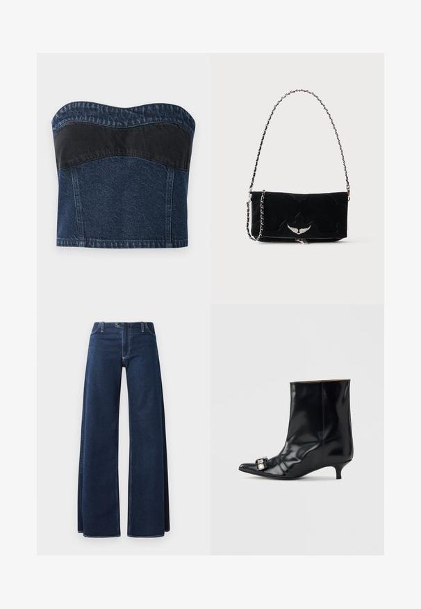 Haut sans bretelles en denim avec un design bleu foncé et un panneau noir sur la partie supérieure, texture lisse et décolleté arrondi.; Jeans en denim large de couleur bleu foncé avec des coutures visibles, des poches avant et une fermeture à bouton. Fabriqué en tissu denim résistant.; Bottine en cuir noir avec bout pointu, petit talon kitten bas et boucle décorative en argent sur le côté près de l'orteil.; Sac à main rectangulaire noir avec un emblème ailé argenté sur le devant et une bandoulière chaîne argentée sur fond uni.