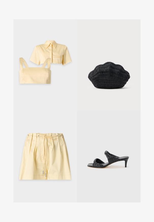 Ensemble haut deux pièces jaune clair avec une chemise courte à manches courtes et col, et un débardeur court assorti avec bretelles.; Shorts taille haute jaune clair avec plis devant et taille à cordon featuring des œillets métalliques et des embouts métalliques aux extrémités.; Sandales à talons noirs avec un bout carré, fabriquées en cuir lisse. Elles présentent des brides froncées et un talon fin pour plus d'élévation.; Sac à main en osier noir en forme de coquille Saint-Jacques avec un dessus courbé et une texture tressée sur un fond uni.