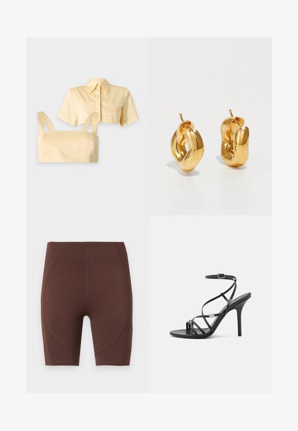Ensemble haut deux pièces jaune clair avec une chemise courte à manches courtes et col, et un débardeur court assorti avec bretelles.; Shorts de sport marron en tissu extensible. Présentent une taille haute, une coupe ajustée et des détails de coutures courbes sur les côtés.; Sandale noire à talons hauts avec des brides fines, une boucle à la cheville, une surface en cuir lisse et un talon aiguille élancé.; Boucles d'oreilles créoles en or massif avec un design tubulaire légèrement tordu et des fermoirs à tige sur un fond blanc.
