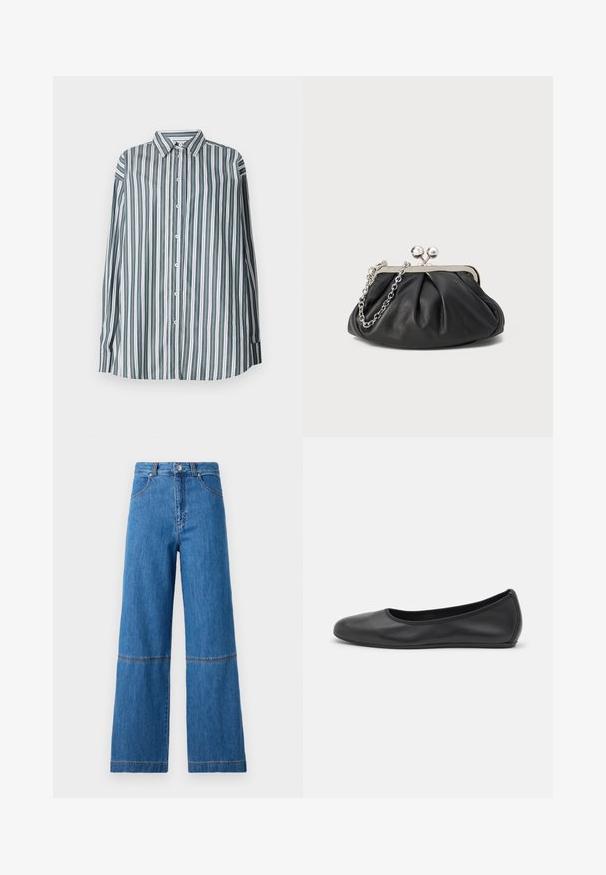 Chemise à boutons rayée en vert, blanc et gris. Présente des manches longues, un col classique et une coupe ample. Réalisée en tissu léger.; Jean en denim bleu à jambe large et taille haute, avec des coutures doubles au niveau des genoux et une finition en tissu texturé.; Ballerines en cuir noir avec un bout rond, texture lisse, détails de couture minimalistes et design de semelle flexible.; Porte-monnaie en cuir noir avec texture froncée, cadre en métal argenté, fermeture à verrouillage kiss-lock et bandoulière en chaîne. Surface lisse et douce.