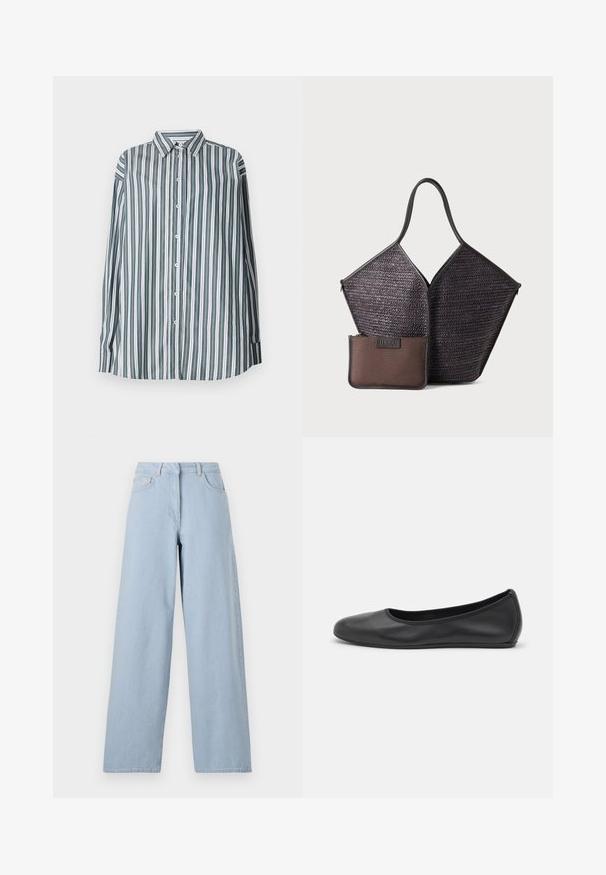Stribet skjorte i grøn, hvid og grå. Har lange ærmer, en klassisk krave og en løs pasform. Lavet af letvægtsstof.; REMAIN COCOON PANTS - Wide leg - light blue; Sort læderballetsko med rund tå, glat tekstur, minimal syning og et fleksibelt såldesign.; Hereu CALELLA - Shopping bags - dark brown