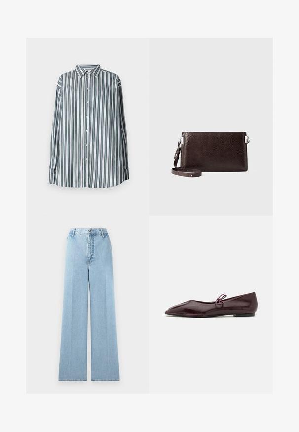 Stribet skjorte i grøn, hvid og grå. Har lange ærmer, en klassisk krave og en løs pasform. Lavet af letvægtsstof.; Lyseblå bredbenede jeans lavet af denim med høj talje, som har fem bæltestropper, en frontknaplukning og stikninger.; Ballethæle i bordeaux laklæder med spids tå og en dekorativ lilla sløjfe på forfoden; flad såldesign.; Mørkebrunt tekstureret håndleds-clutch med aftagelig rem og sølvhardware på hvid baggrund.