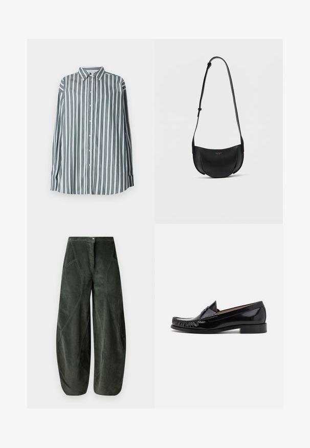 Chemise à boutons rayée en vert, blanc et gris. Présente des manches longues, un col classique et une coupe ample. Réalisée en tissu léger.; Pantalons à jambe large en velours côtelé vert foncé, dotés d'une fermeture à bouton et de poches latérales inclinées avec un motif texturé à côtes.; Mocassin en cuir noir avec une finition brillante, présentant des franges à l'avant et un petit talon empilé.; Sac bandoulière en cuir noir en forme de croissant avec bandoulière réglable et petit logo doré au centre avant.