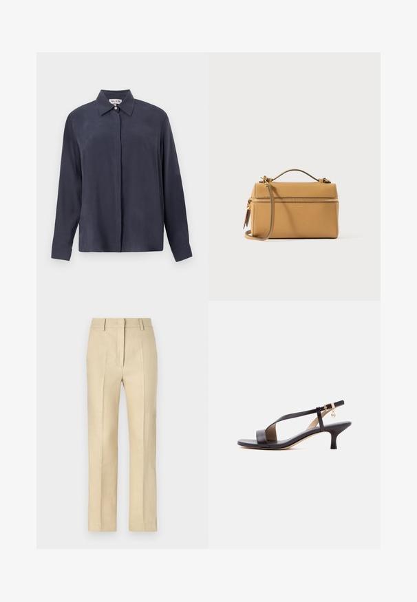 Chemise à manches longues bleu marine foncé en tissu lisse, avec un col classique et une ouverture à boutons à l'avant. Coupe décontractée avec des manches à poignet.; Pantalons beige ajustés avec une coupe droite, fabriqués en tissu texturé, présentant des plis et une fermeture éclair à l'avant.; Sandale à talon kitten en cuir noir avec bout ouvert, bride diagonale, boucle à la cheville et petit charm en or sur fond blanc.; Sac à main rectangulaire en cuir marron clair avec une anse supérieure, une fermeture éclair dorée et une bandoulière détachable sur fond blanc.