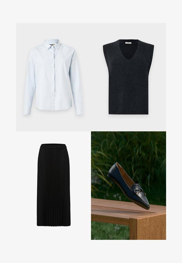 Chemise à manches longues bleu clair avec un col pointu, fermeture à boutons et tissu doux. Présente un petit logo brodé sur la poitrine.; Gilet maille sans manches gris foncé avec un décolleté en V. Il présente un bord côtelé au niveau du décolleté et de l'ourlet. Texture lisse, coupe décontractée, léger.; Jupe midi plissée noire avec taille élastique et plis verticaux, présentée sur fond blanc.; Mocassin en cuir noir avec un détail en nœud flottant au-dessus d'un banc en bois, avec de l'herbe verte et des plantes en arrière-plan.