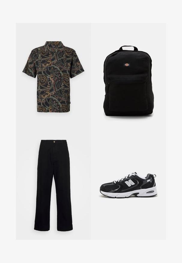 Chemise à manches courtes en tissu noir avec des motifs paisley colorés en rouge, vert et jaune. Col régulier avec fermeture à boutons à l'avant.; Pantalon noir en tissu lourd, avec design à jambes droites, poches avant, fermeture éclair et bouton métallique unique.; Baskets de sport noires et grises avec un tige en mesh et en suède, présentant une semelle intermédiaire blanche, des lacets et un logo "N" audacieux sur le côté.; Sac à dos noir en tissu durable avec une poche zippée à l'avant, un patch logo, une poignée supérieure et des bretelles réglables.