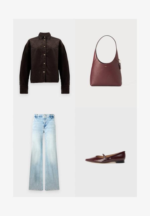 Camisa de pana marrón con cuello de camisa, botones en la parte frontal y mangas largas. Presenta una tela texturizada y un ajuste ligeramente oversize.; Jeans acampanados de color azul claro, confeccionados en denim. Presentan un lavado desvaído, bolsillos estándar y un cierre de botón en la cintura.; Zapato plano de charol burdeos con punta afilada y una cinta decorativa a lo largo del empeine. Cuenta con un tacón bajo negro.; Bolso hobo de cuero burdeos con una textura suave, una apertura amplia y un asa corta. Presenta un logo dorado y una etiqueta desmontable.